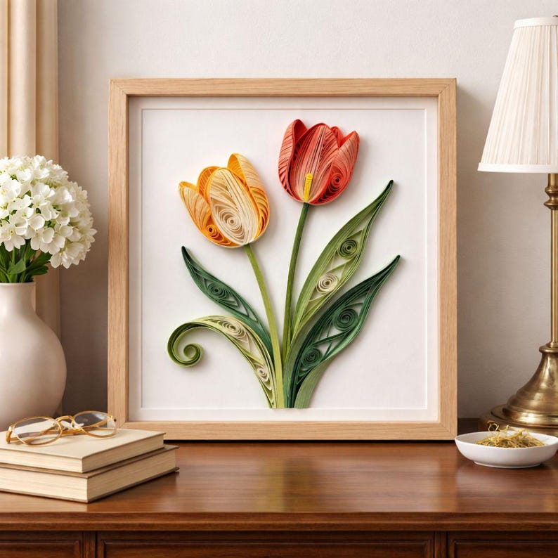 Handgemachte Papier Quilling Tulpen Wandkunst, Gerahmtes Blumendekor, 20 cm, Botanisches Wandbild