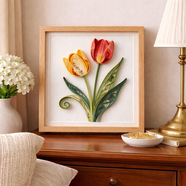 Handgemachte Papier Quilling Tulpen Wandkunst, Gerahmtes Blumendekor, 20 cm, Botanisches Wandbild