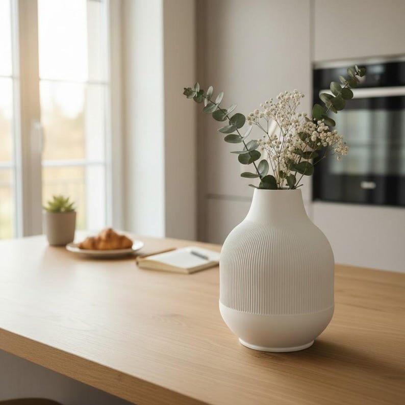 Moderne gerippte Vase Weiß – 3D-Druck Blumenvase für Trockenblumen und frische Blumen