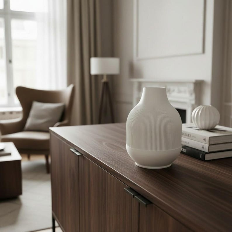 Moderne gerippte Vase Weiß – 3D-Druck Blumenvase für Trockenblumen und frische Blumen