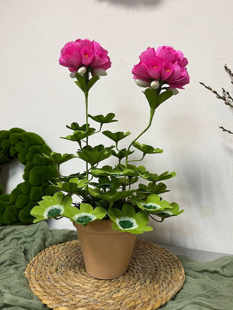 Papiergeranie Rosa Pflanzenskulptur Handbemalt 28cm Durchmesser 40cm Höhe