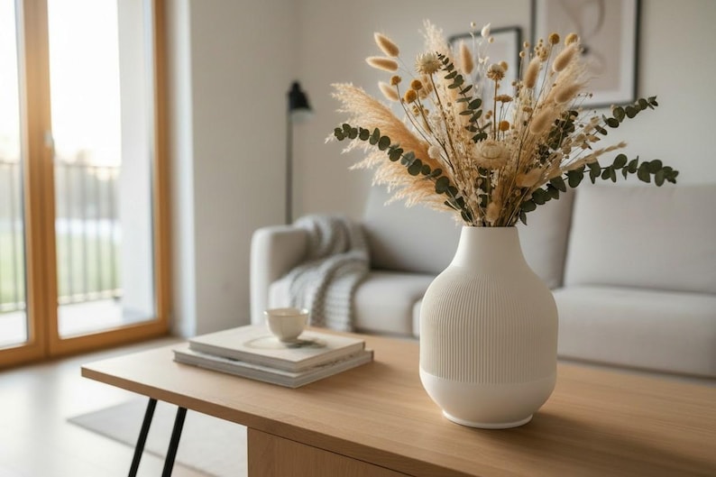 Moderne gerippte Vase Weiß – 3D-Druck Blumenvase für Trockenblumen und frische Blumen