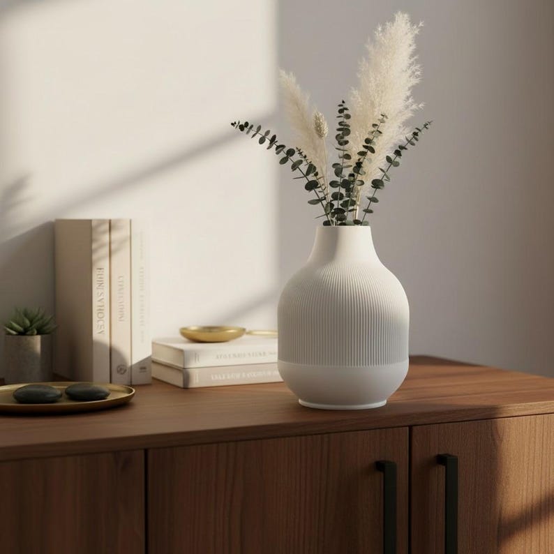 Moderne gerippte Vase Weiß – 3D-Druck Blumenvase für Trockenblumen und frische Blumen