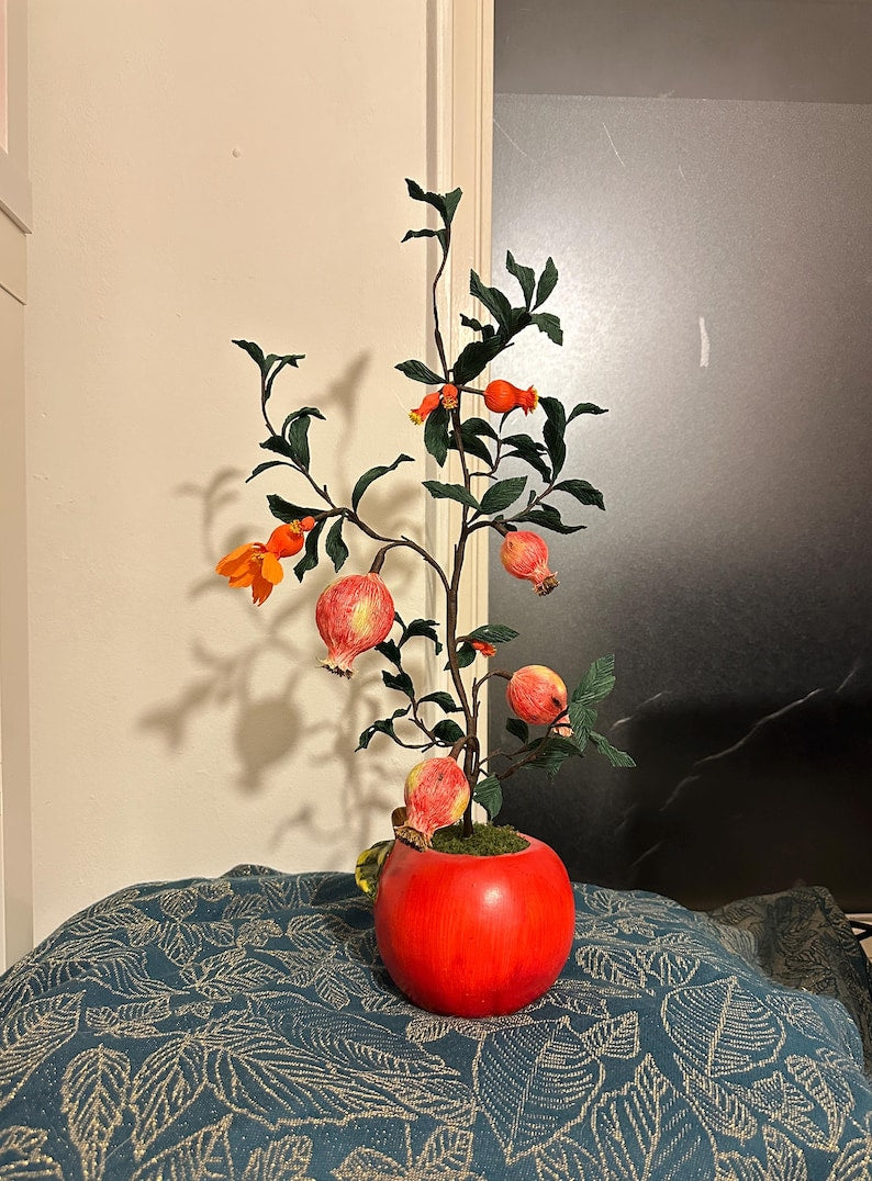 Granatapfelbaum aus Krepppapier mit Topf, Botanische Dekoration, 50 cm, Handgefertigt