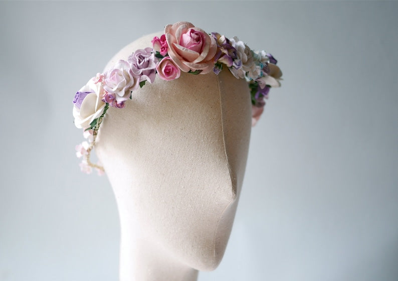 Blumenkranz-Stirnband aus Papier in Pink und Lila – Hochzeits-Haarschmuck, 20 cm