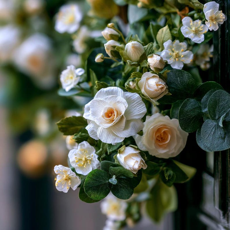 Weißer Pfingstrosen-Rosen-Blumenkranz, elegante Haustürdekoration, feine Papierblumen
