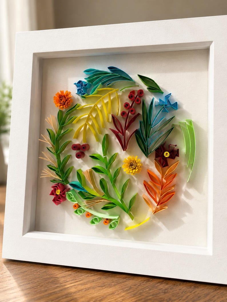 Handgemachte botanische Quilling-Wandkunst, modernes Blumendekor, botanisches Dekor