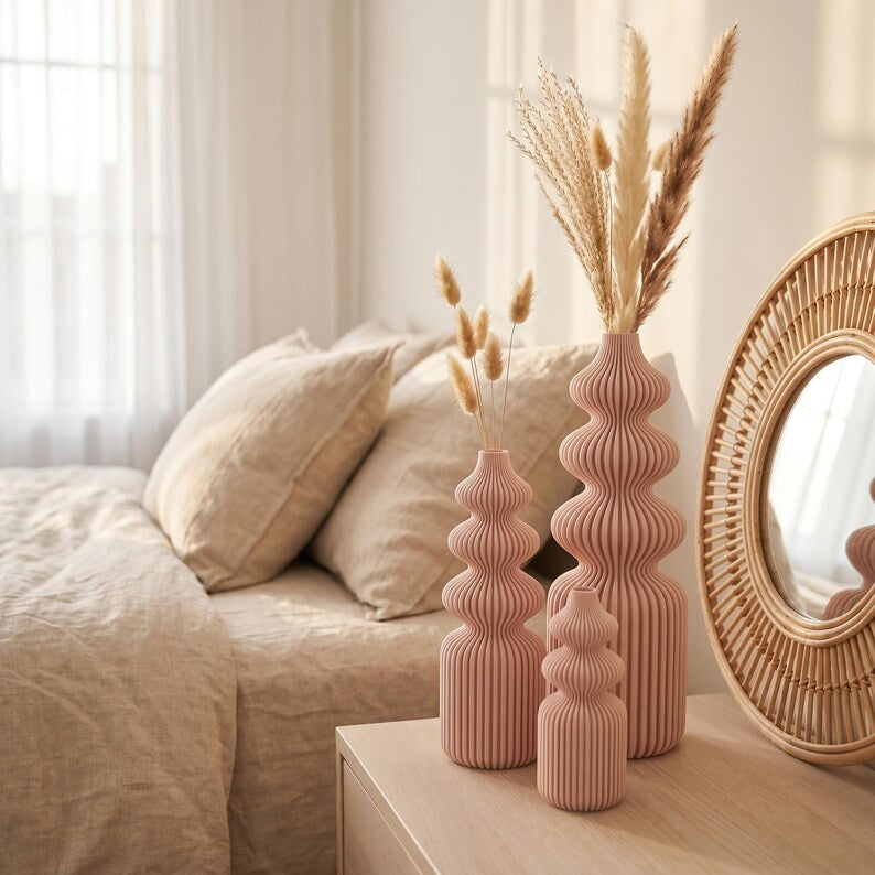 Rippenvasen-Skulptur in 5 Größen | Schlanke Nordic Vase für Trockenblumen | 3D-Druck, Matter Look