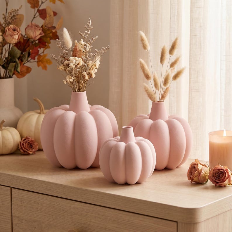 Gerippte Kürbis Vase mit Fuzzy-Skin für Trockenblumen – Herbst Halloween Deko