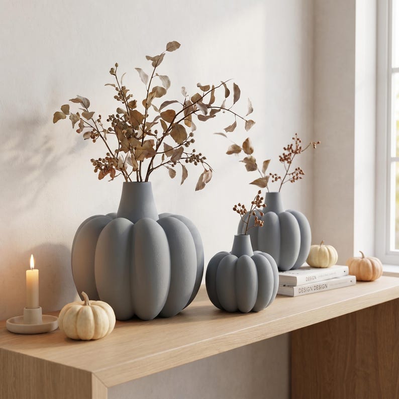 Gerippte Kürbis Vase mit Fuzzy-Skin für Trockenblumen – Herbst Halloween Deko
