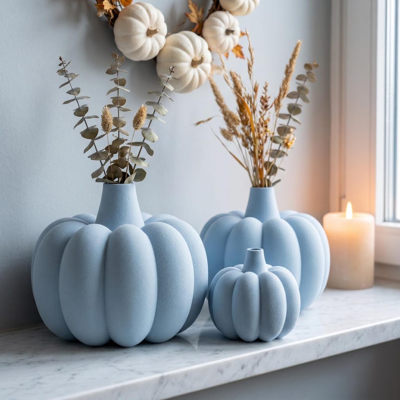 Gerippte Kürbis Vase mit Fuzzy-Skin für Trockenblumen – Herbst Halloween Deko