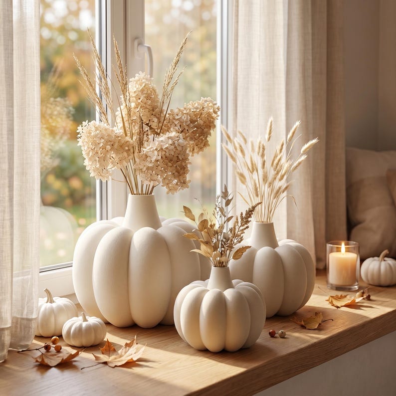 Gerippte Kürbis Vase mit Fuzzy-Skin für Trockenblumen – Herbst Halloween Deko