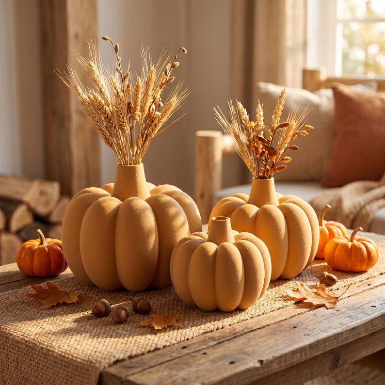Gerippte Kürbis Vase mit Fuzzy-Skin für Trockenblumen – Herbst Halloween Deko