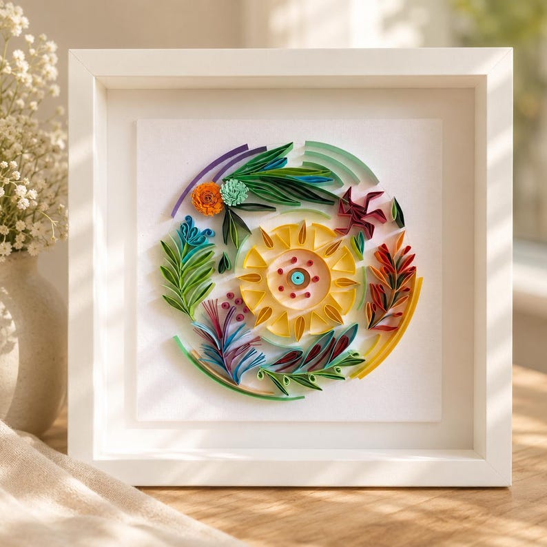 Wanddekoration aus Papierquilling, Botanischer Schattenkasten, Moderne Florale Kunst