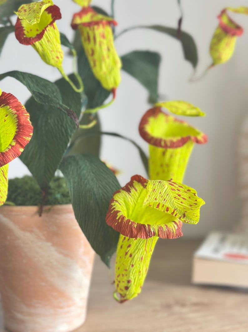 Kannenpflanze aus Krepppapier im Topf, realistische künstliche fleischfressende Pflanze, botanische Skulptur, 42 cm
