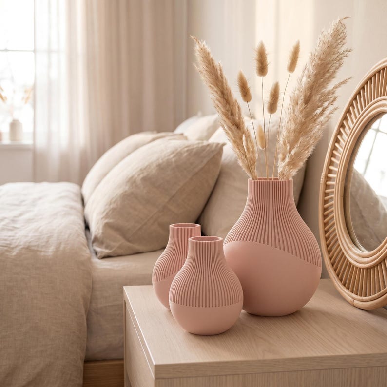 Bauchige Rillenvase mit Spiral-Twist – Neki Edge, für Trockenblumen, 3D-Druck, Mattschwarz