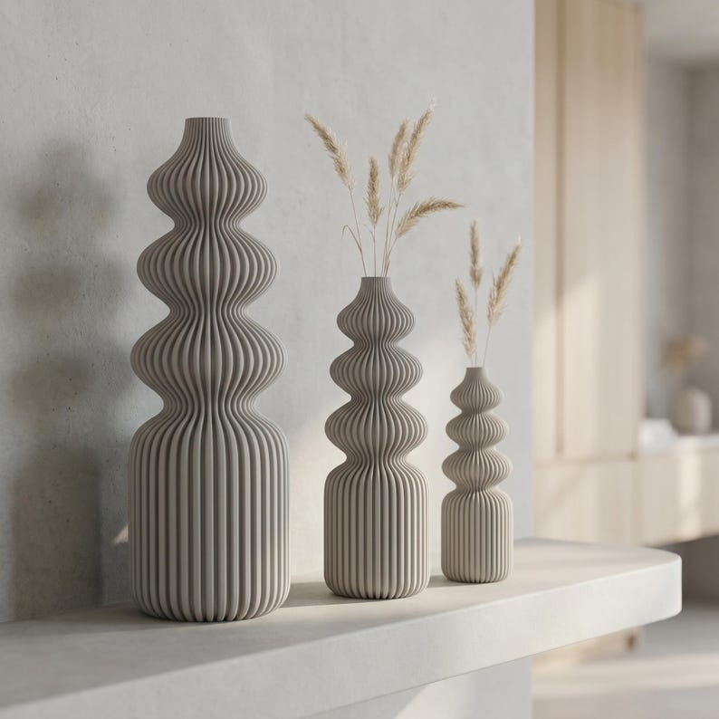 Rippenvasen-Skulptur in 5 Größen | Schlanke Nordic Vase für Trockenblumen | 3D-Druck, Matter Look