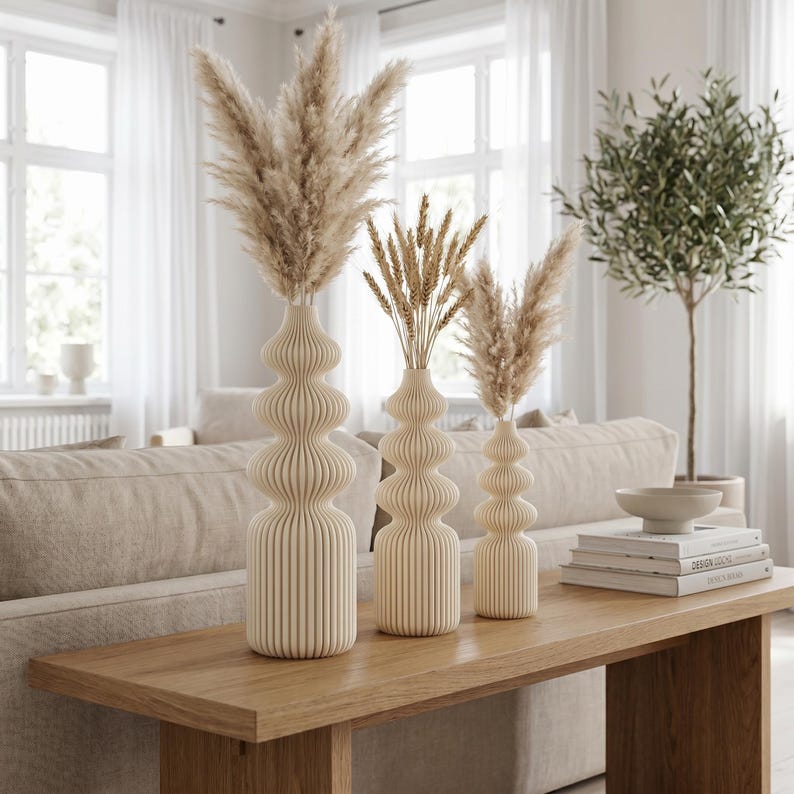 Rippenvasen-Skulptur in 5 Größen | Schlanke Nordic Vase für Trockenblumen | 3D-Druck, Matter Look