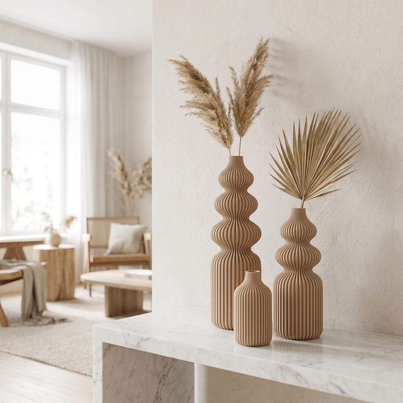 Rippenvasen-Skulptur in 5 Größen | Schlanke Nordic Vase für Trockenblumen | 3D-Druck, Matter Look