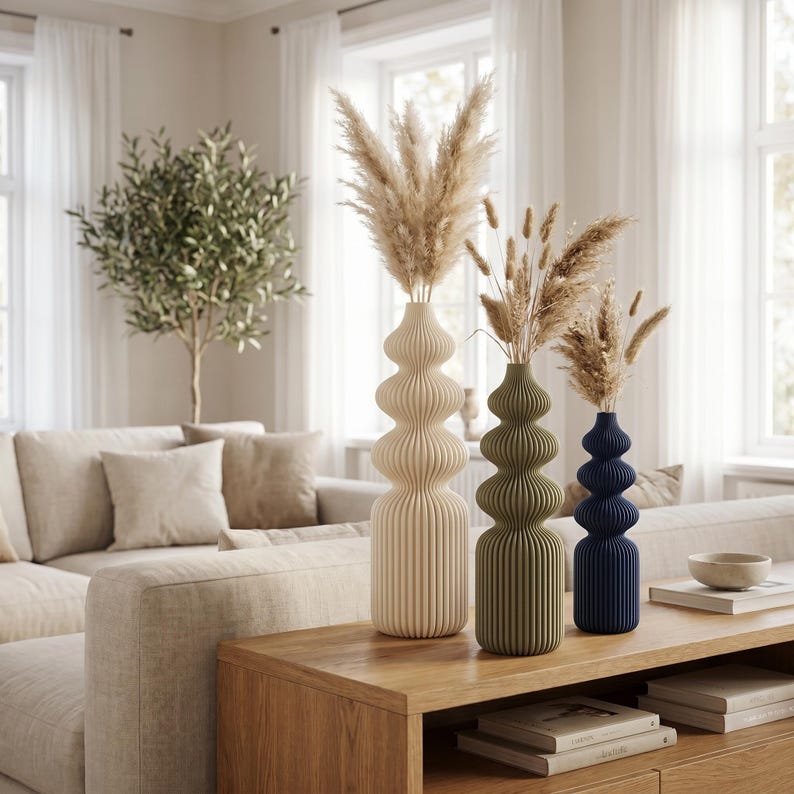 Rippenvasen-Skulptur in 5 Größen | Schlanke Nordic Vase für Trockenblumen | 3D-Druck, Matter Look