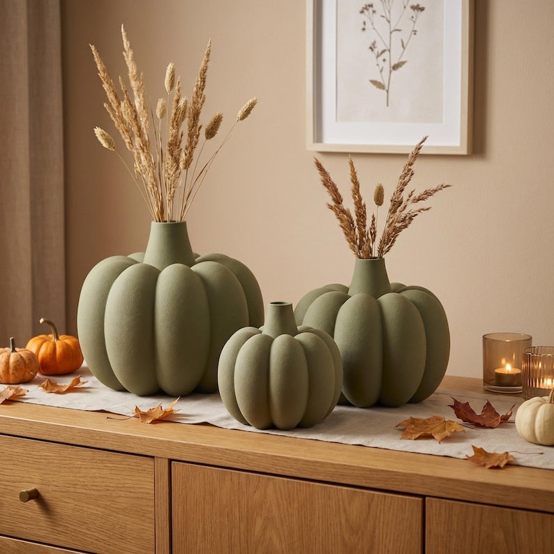 Gerippte Kürbis Vase mit Fuzzy-Skin für Trockenblumen – Herbst Halloween Deko