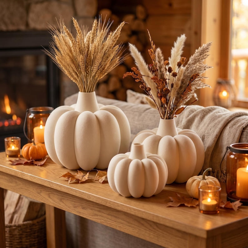 Gerippte Kürbis Vase mit Fuzzy-Skin für Trockenblumen – Herbst Halloween Deko