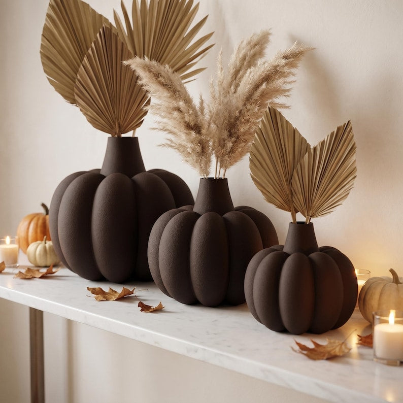 Gerippte Kürbis Vase mit Fuzzy-Skin für Trockenblumen – Herbst Halloween Deko