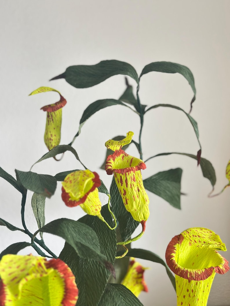 Kannenpflanze aus Krepppapier im Topf, realistische künstliche fleischfressende Pflanze, botanische Skulptur, 42 cm