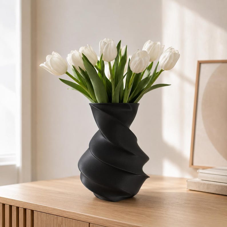 3D-gedruckte Vase Wirbel mit Glaseinsatz – moderne Wohndeko für Blumen & Ziergras, wasserdicht