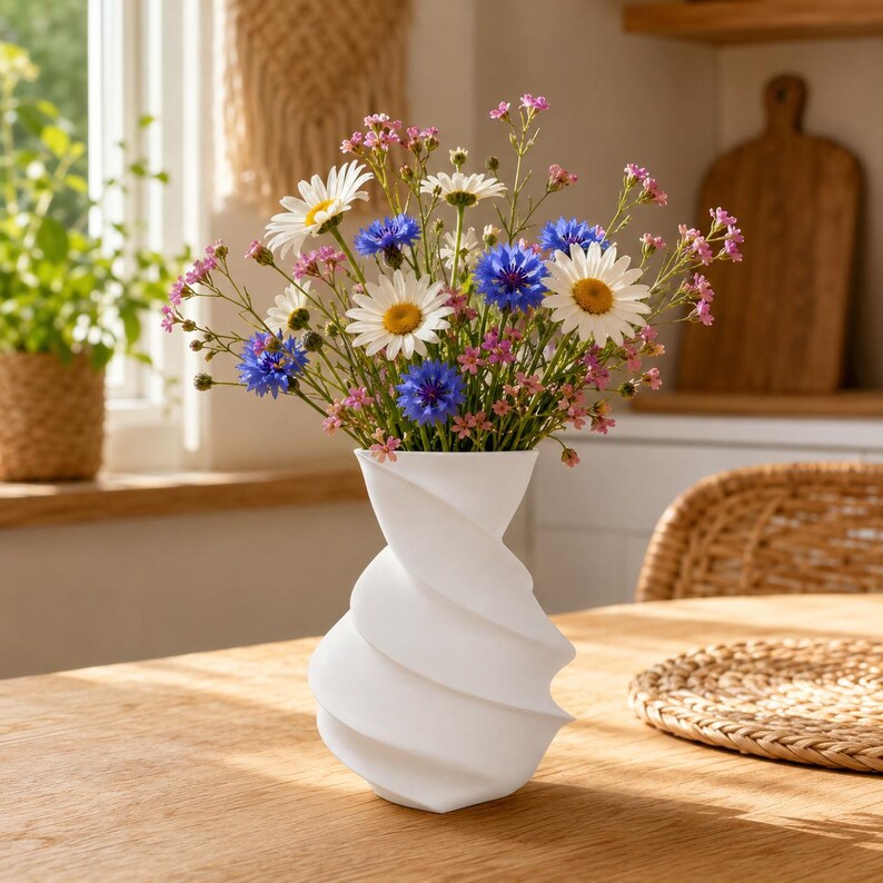 3D-gedruckte Vase Wirbel mit Glaseinsatz – moderne Wohndeko für Blumen & Ziergras, wasserdicht