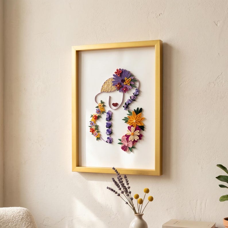 3D Quilling Wandkunst Goldrahmen Blumen Porträt Handgefertigt Papierkunst 38x53cm