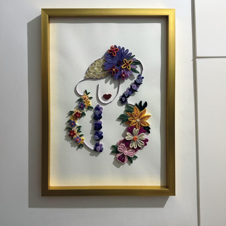 3D Quilling Wandkunst Goldrahmen Blumen Porträt Handgefertigt Papierkunst 38x53cm