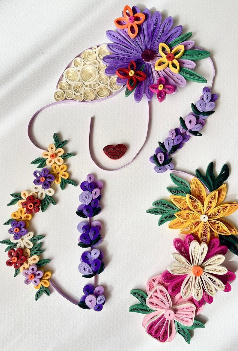 3D Quilling Wandkunst Goldrahmen Blumen Porträt Handgefertigt Papierkunst 38x53cm