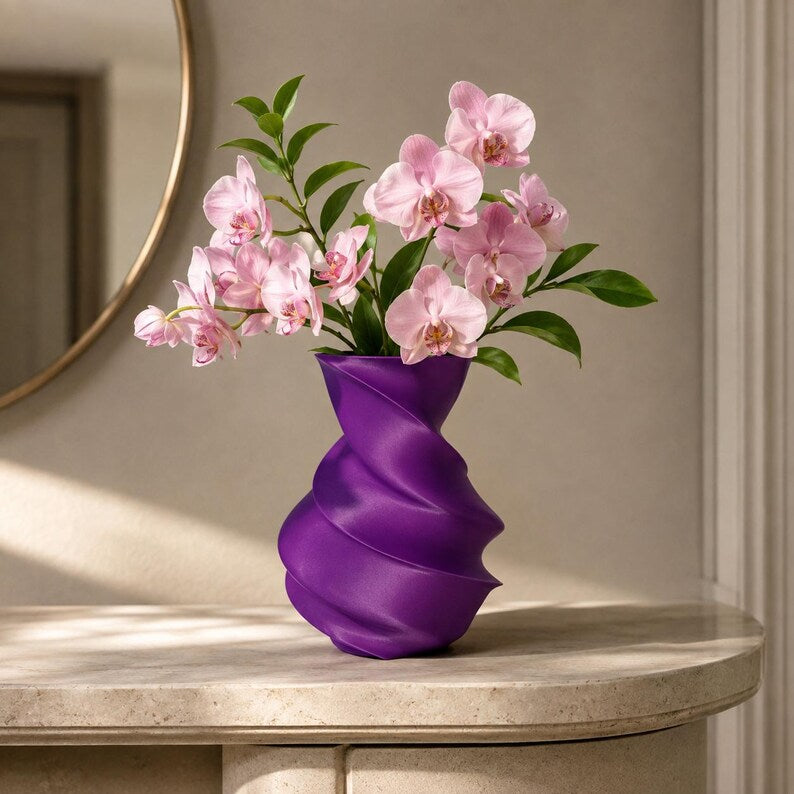 3D-gedruckte Vase Wirbel mit Glaseinsatz – moderne Wohndeko für Blumen & Ziergras, wasserdicht