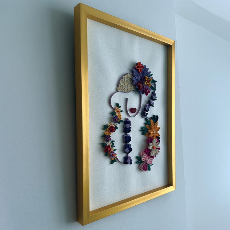 3D Quilling Wandkunst Goldrahmen Blumen Porträt Handgefertigt Papierkunst 38x53cm