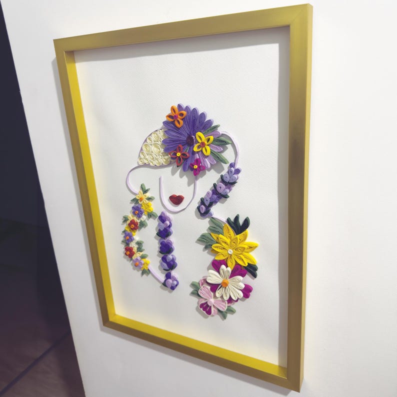 3D Quilling Wandkunst Goldrahmen Blumen Porträt Handgefertigt Papierkunst 38x53cm