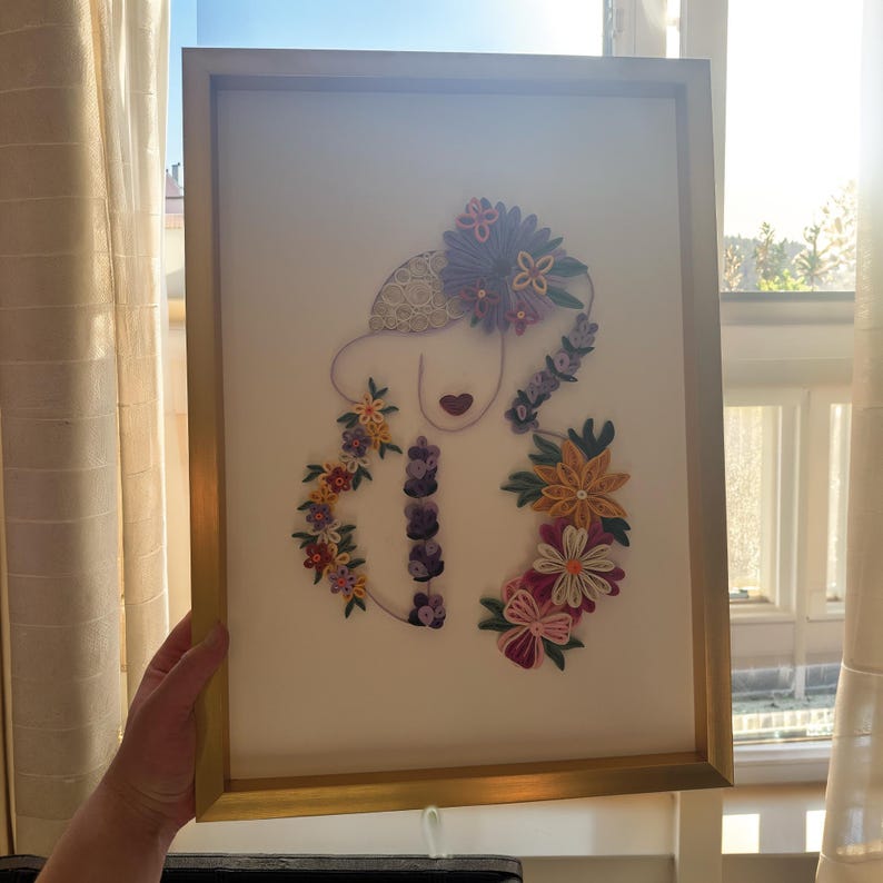 3D Quilling Wandkunst Goldrahmen Blumen Porträt Handgefertigt Papierkunst 38x53cm