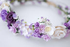 Weiß-violetter Papierblumenkranz als Stirnband – 20 cm, handgemachter Hochzeitshaarschmuck mit verstellbarem Band