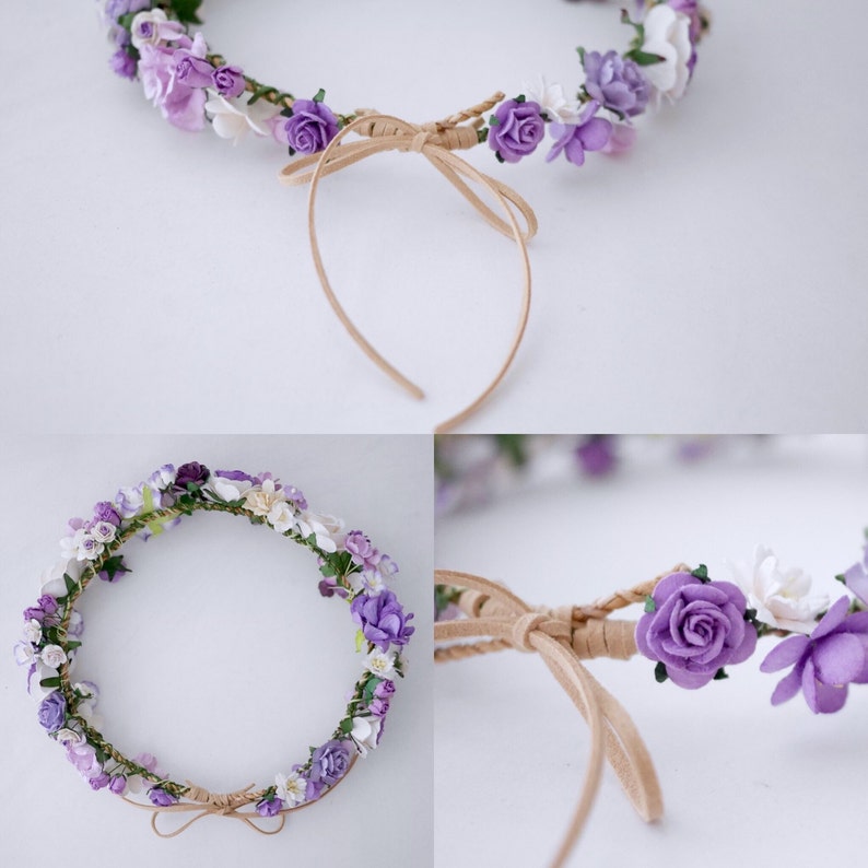 Weiß-violetter Papierblumenkranz als Stirnband – 20 cm, handgemachter Hochzeitshaarschmuck mit verstellbarem Band
